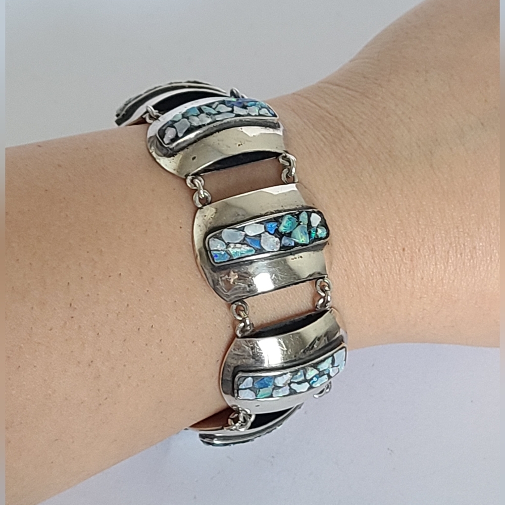 Vintage 60s Boho Sterling Silver Fire Opal Mosaic Chunky Chain Link Bracelet